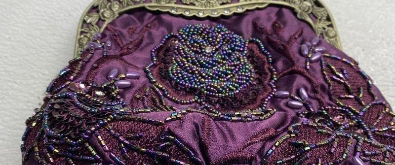 Purple satin evening clutch with rose embroidery, sequins, beads and ornate antiqued frame, view 7