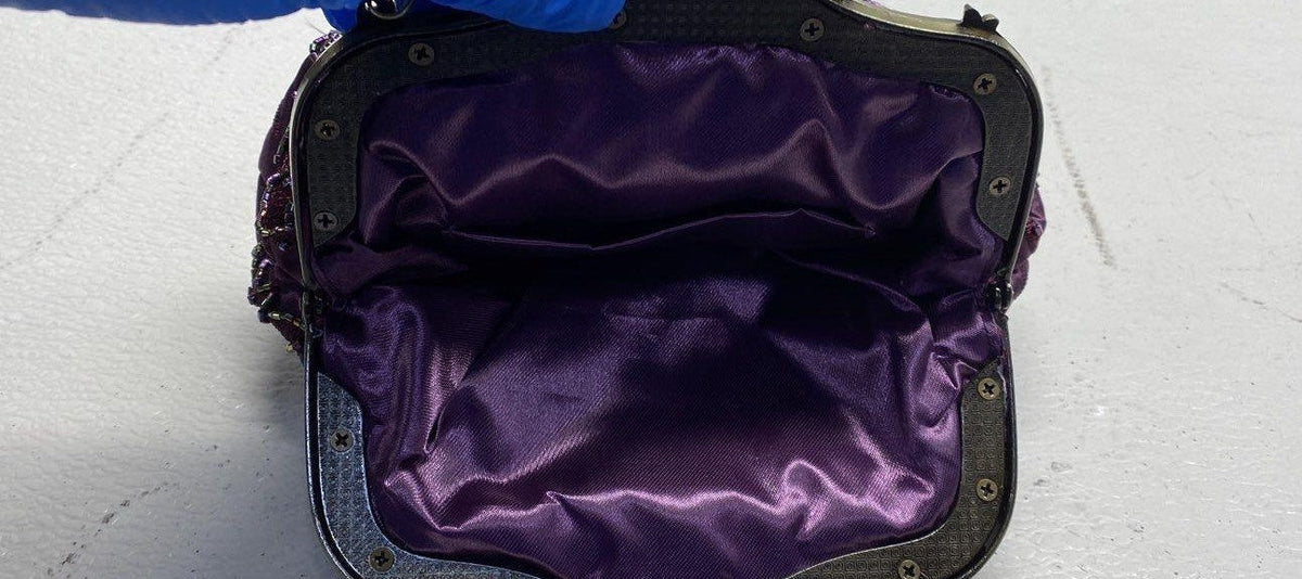 Purple satin evening clutch with rose embroidery, sequins, beads and ornate antiqued frame, view 8