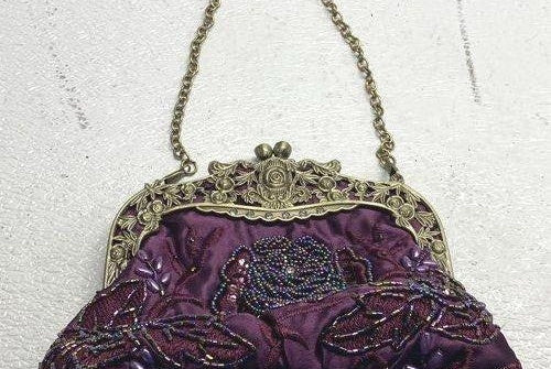 Purple satin evening clutch with rose embroidery, sequins, beads and ornate antiqued frame, view 10