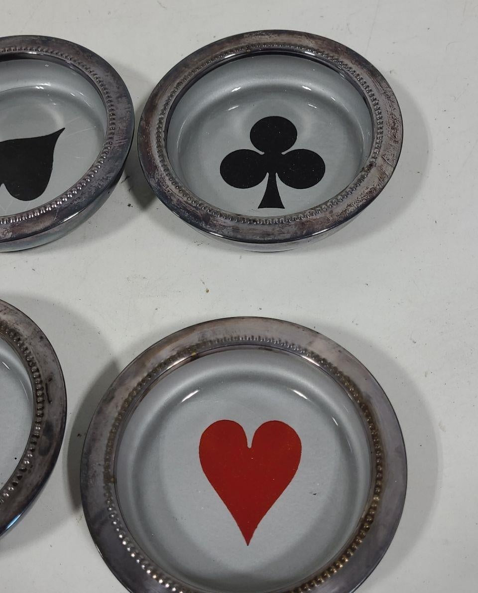 Four round silver-tone card suit coaster ash trays with spade, club, heart and diamond in fitted box, view 4
