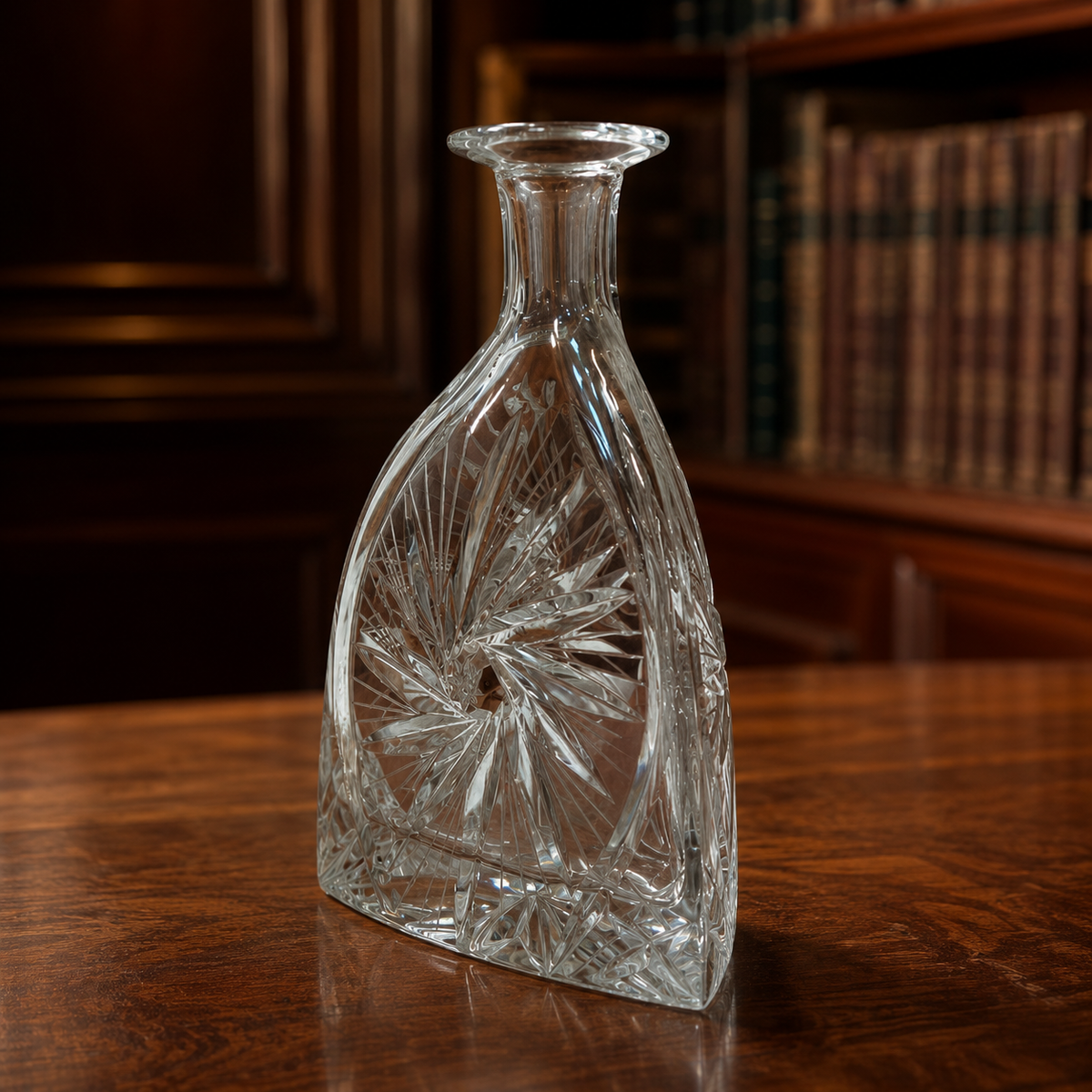 Clear cut glass decanter with deep-cut pinwheel and star pattern