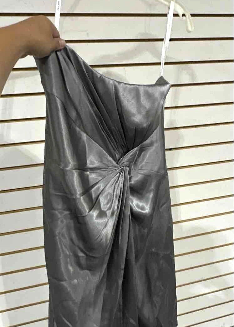 David's Bridal gray satin cocktail dress with ruched bodice, size 14, view 2