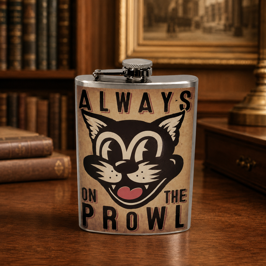 Stainless steel 8 oz flask with Always on the Prowl graphic
