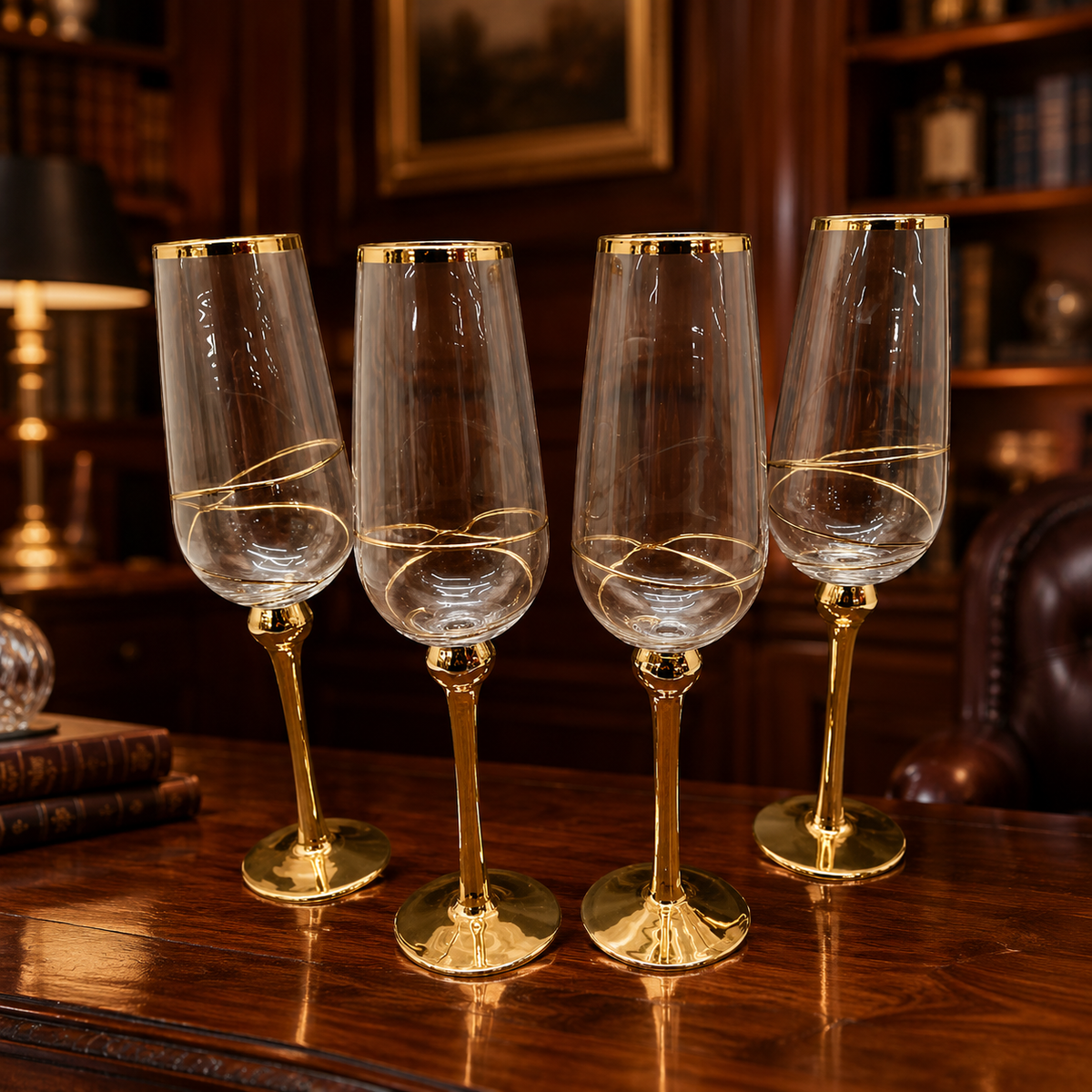Four tall clear champagne flutes with gold-tone stems
