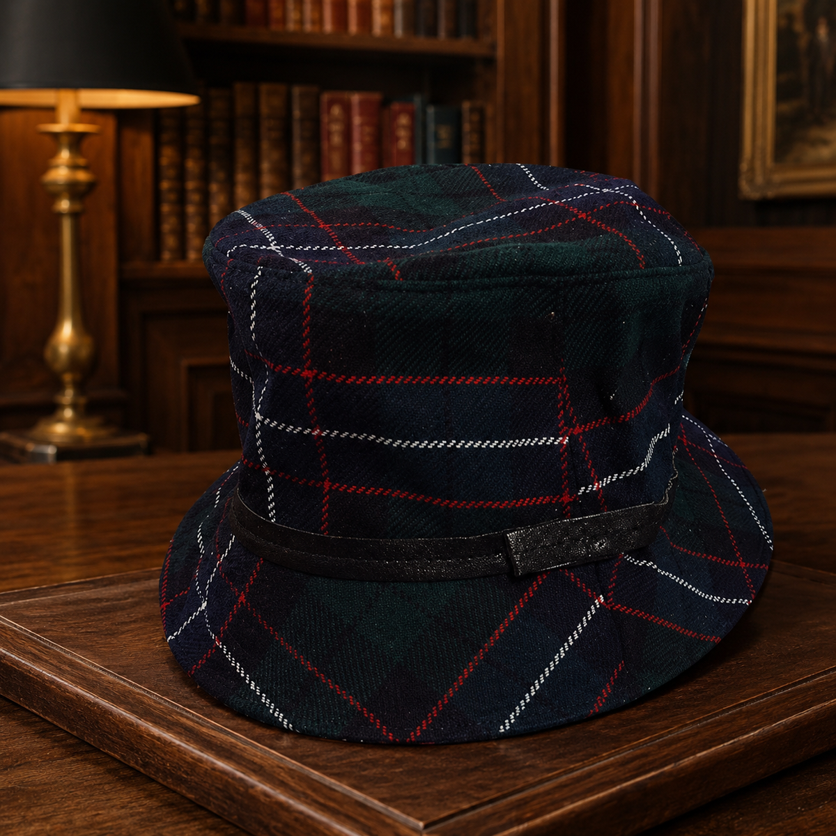 Coach green tartan plaid bucket-style hat with dark lining, view 2