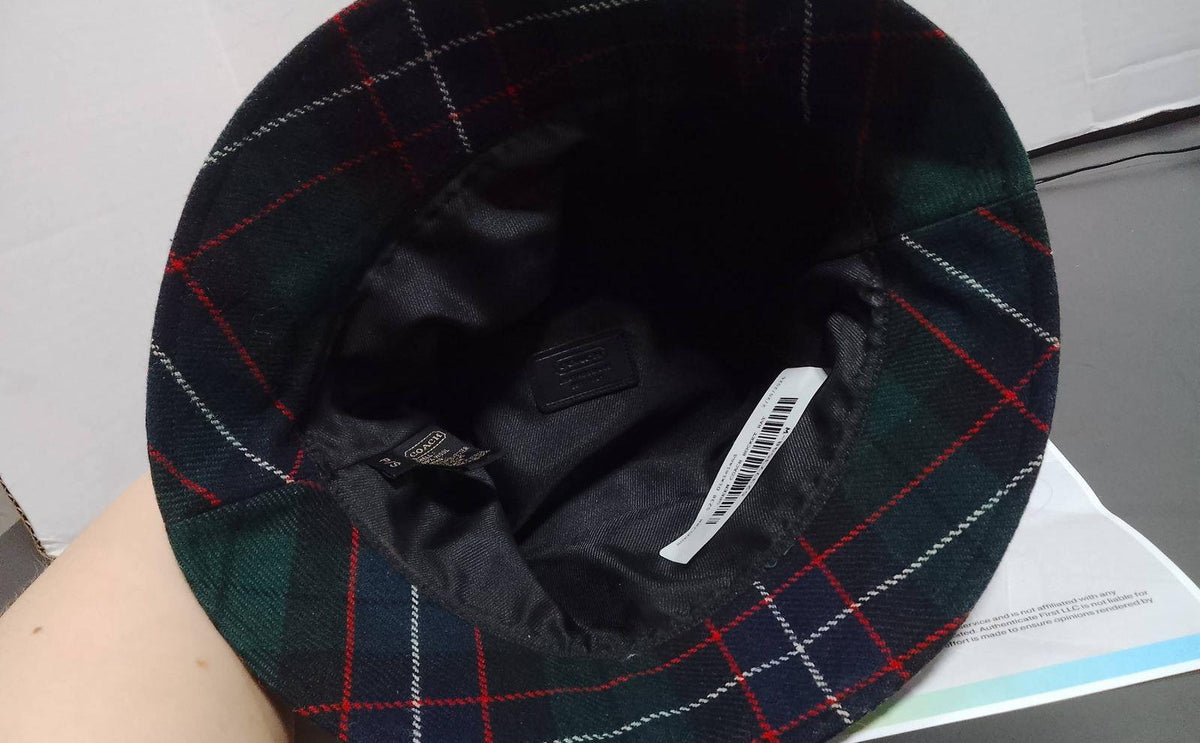 Coach green tartan plaid bucket-style hat with dark lining, view 4