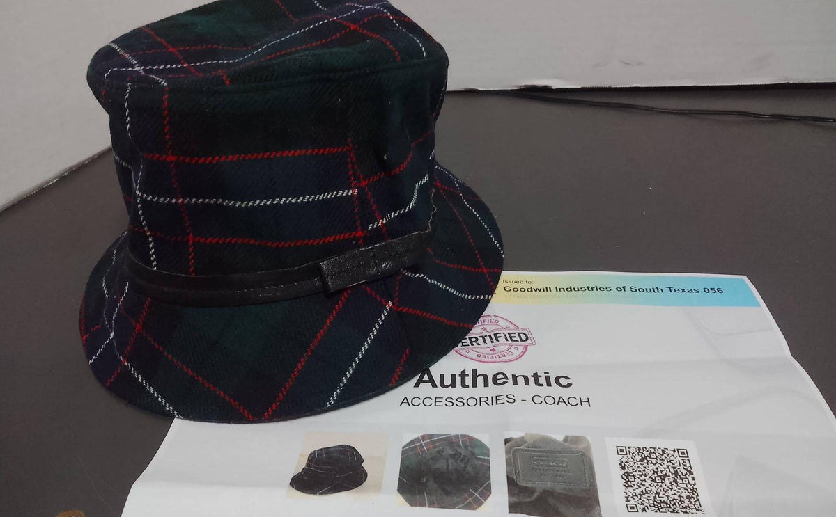 Coach green tartan plaid bucket-style hat with dark lining, view 6