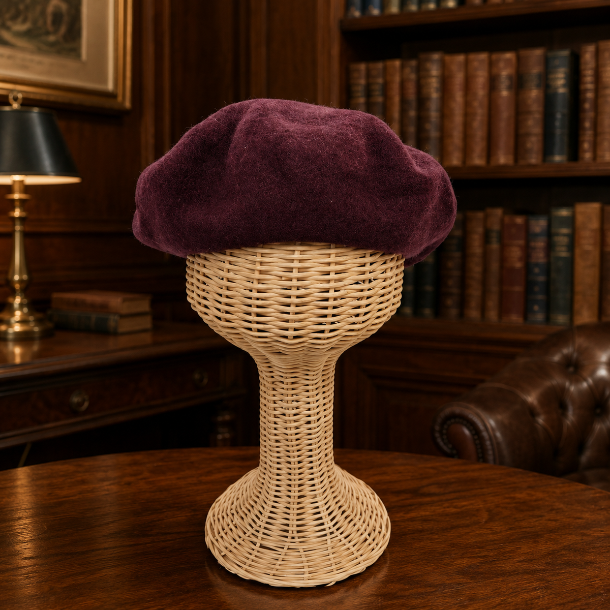 Frye burgundy beret with soft rounded crown and black lining, view 2