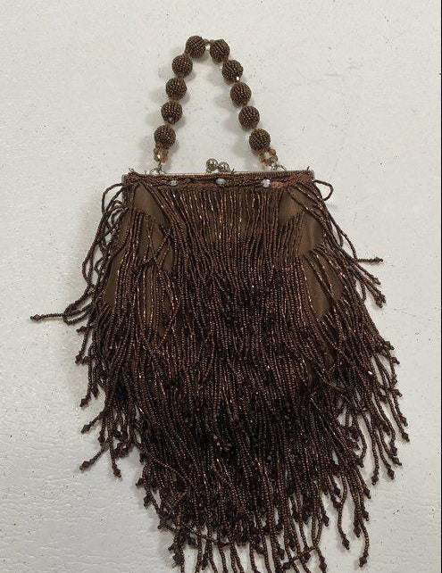 Small Brown Handbag With Beaded Tassels