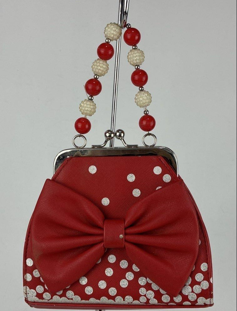 Minnie Mouse Red Polka Dot Beaded Handle Purse, Whimsical Character Shoulder Bag