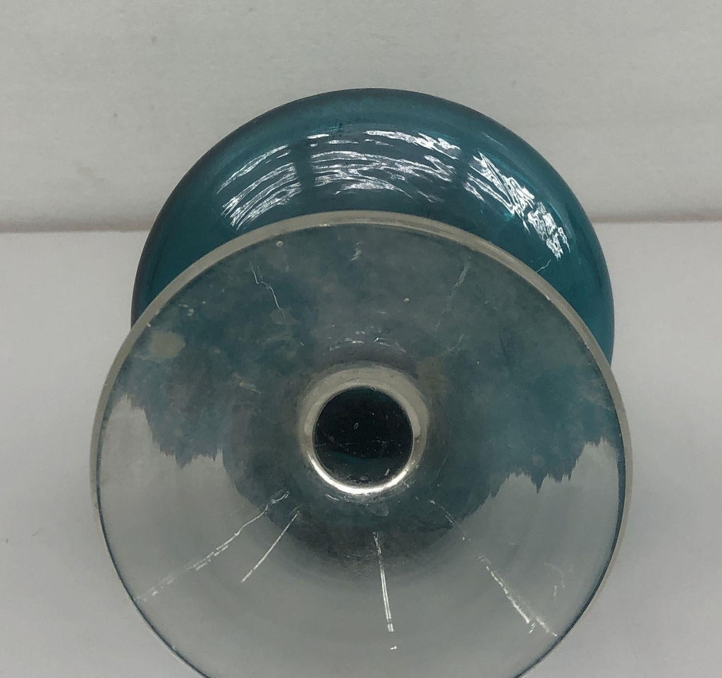 Vintage Teal Blown Glass Decanter Ewer with Clear Applied Handle, 12 Inch
