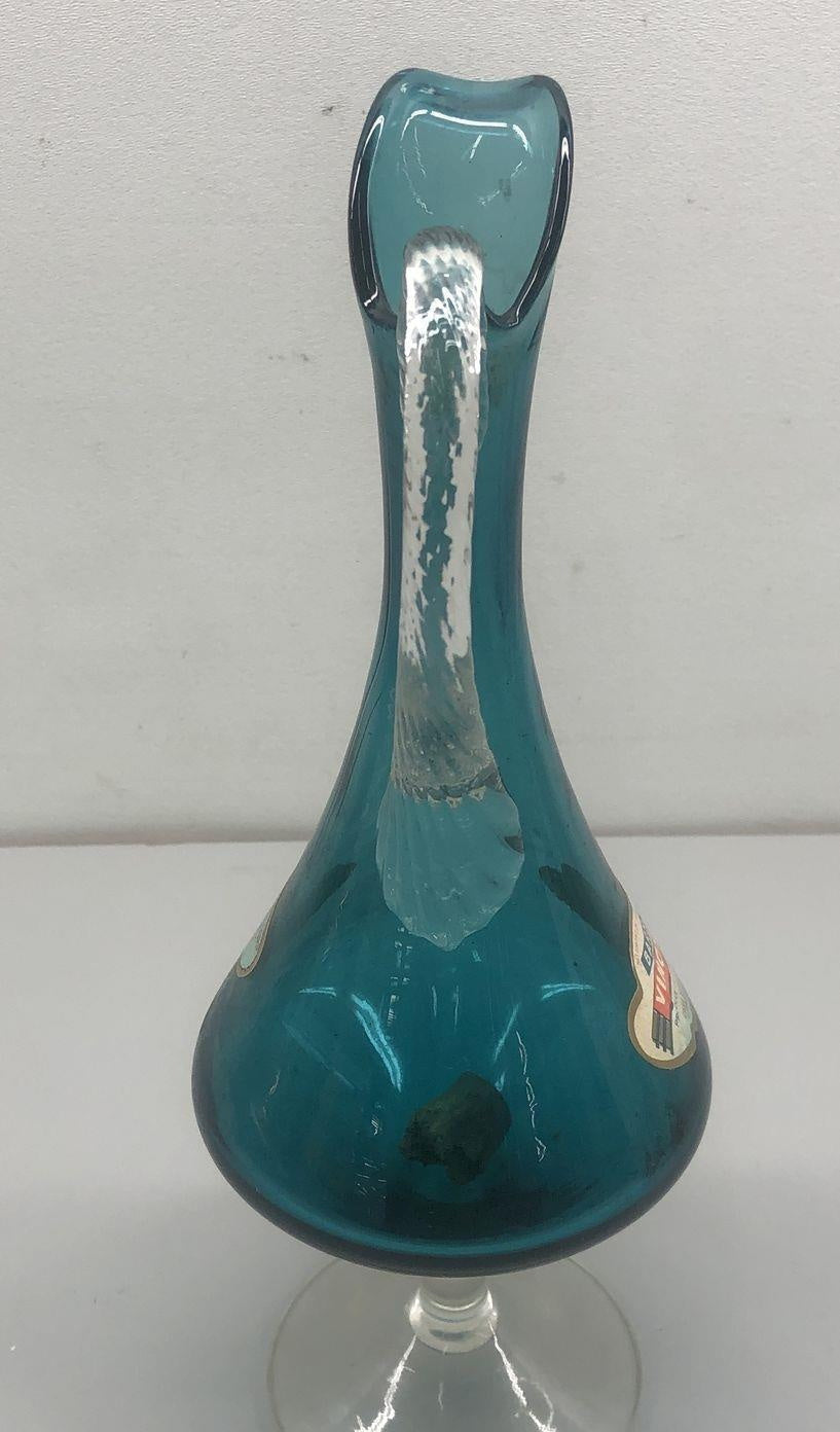 Vintage Teal Blown Glass Decanter Ewer with Clear Applied Handle, 12 Inch