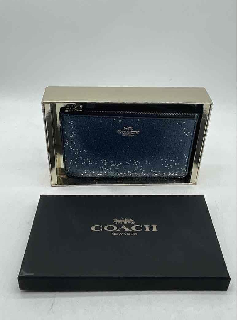 Coach Blue Glitter Zip Clutch with Box and Certificate