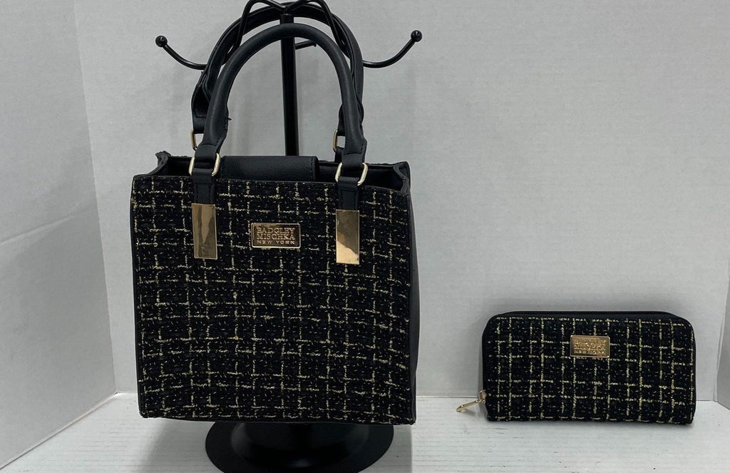 3 (REVISE LISTING - Fixed) Badgley Mischka Women's Black Gold Tweed Handbag & Wallet Set