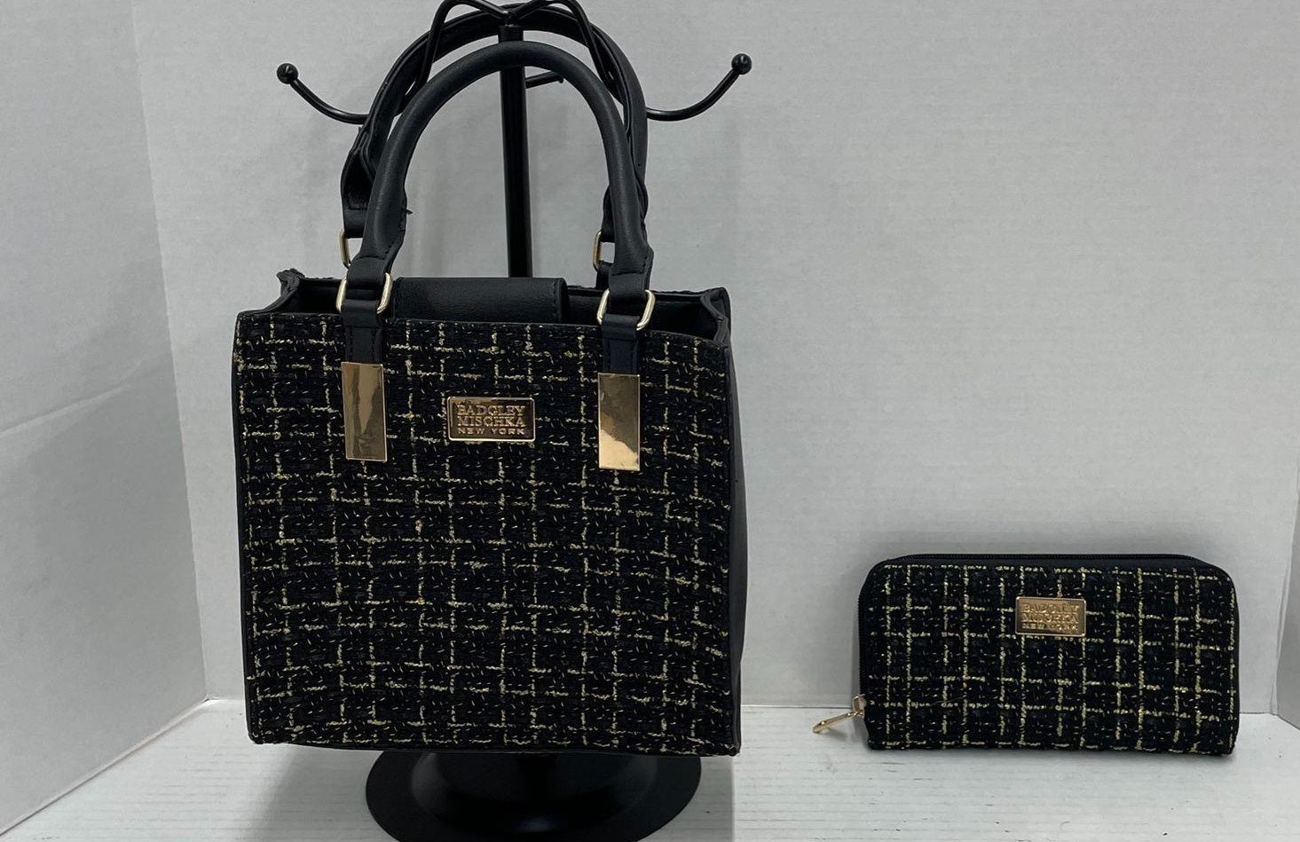 3 (REVISE LISTING - Fixed) Badgley Mischka Women's Black Gold Tweed Handbag & Wallet Set