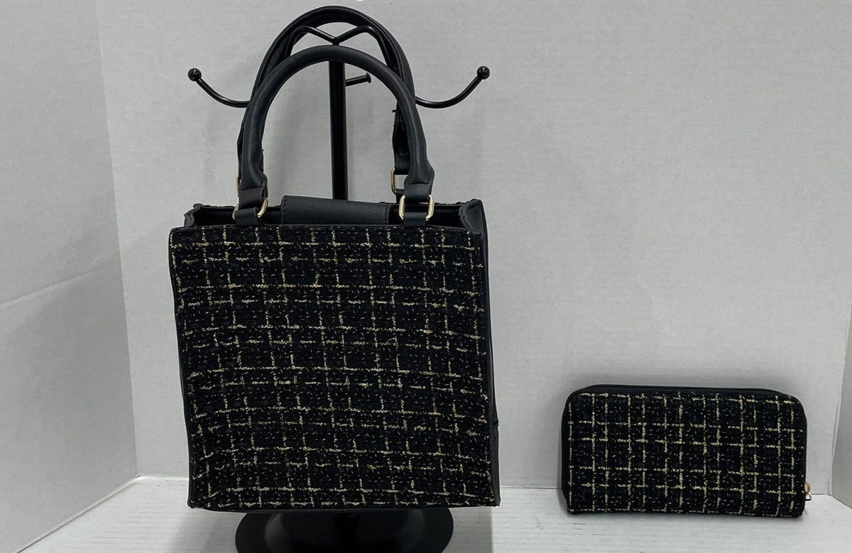 Badgley Mischka black and gold tweed top handle handbag with matching zip around wallet, view 3
