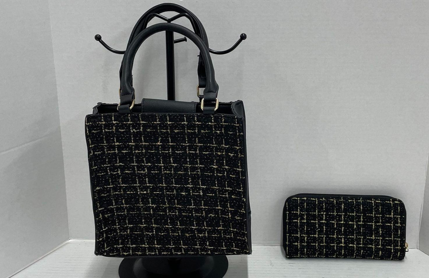 3 (REVISE LISTING - Fixed) Badgley Mischka Women's Black Gold Tweed Handbag & Wallet Set