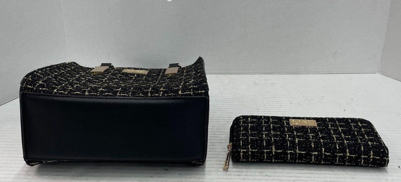 3 (REVISE LISTING - Fixed) Badgley Mischka Women's Black Gold Tweed Handbag & Wallet Set