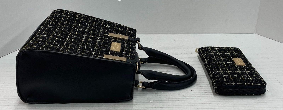 Badgley Mischka black and gold tweed top handle handbag with matching zip around wallet, view 5