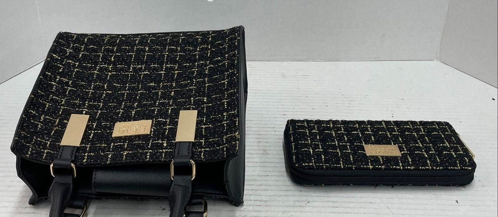 3 (REVISE LISTING - Fixed) Badgley Mischka Women's Black Gold Tweed Handbag & Wallet Set