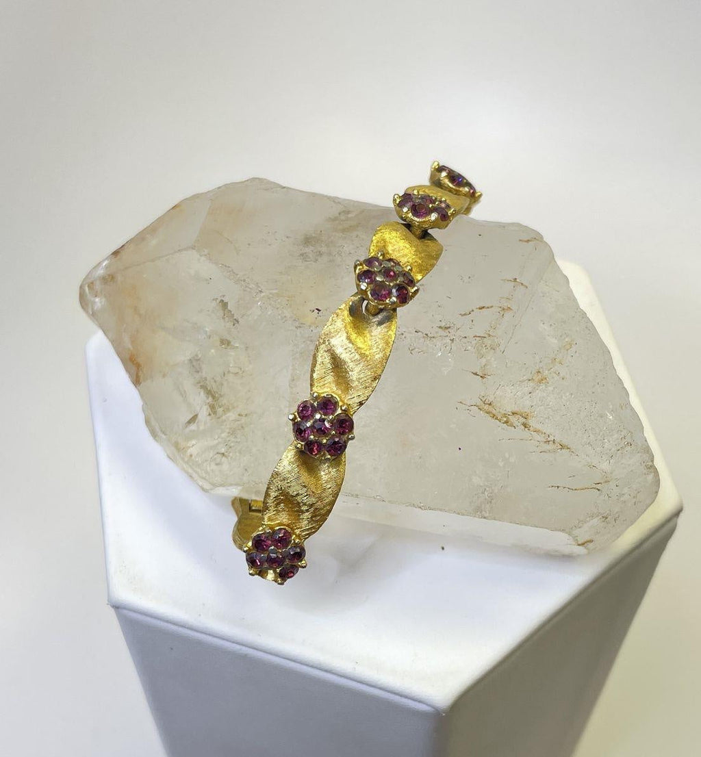 Vintage Crown Trifari Gold Tone Purple Rhinestones Flowers Brushed Bracelet 22g