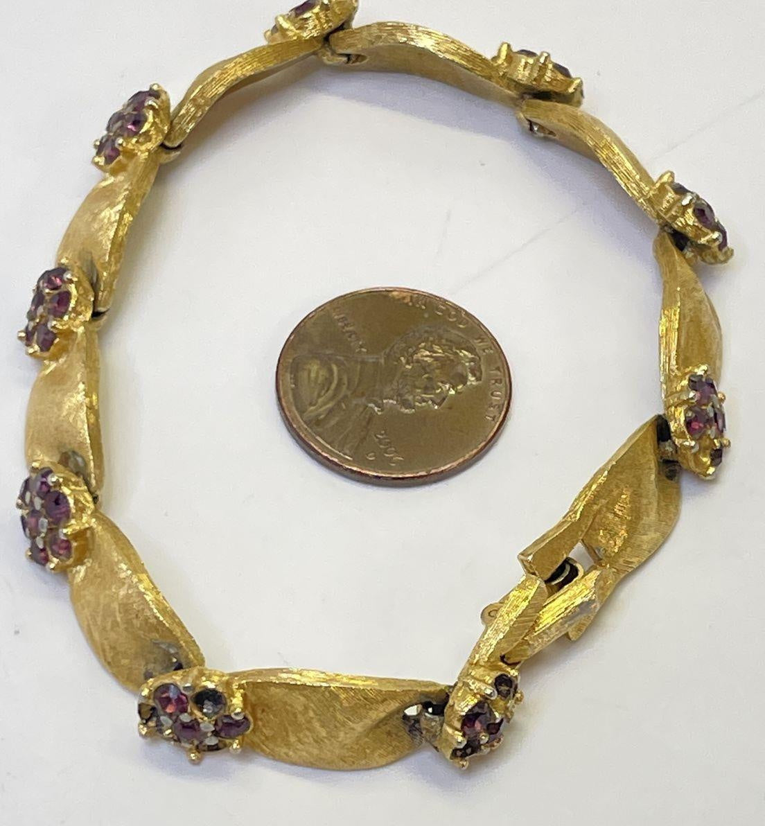 Vintage Crown Trifari Gold Tone Purple Rhinestones Flowers Brushed Bracelet 22g