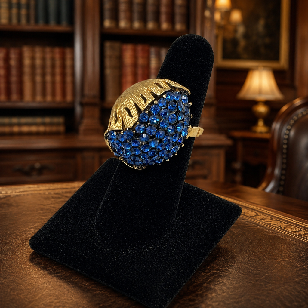 Signed Vendome Gold Tone Blue Rhinestone Adjustable Cocktail Ring 16g