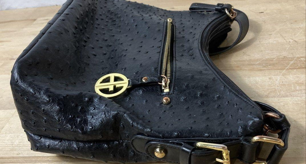 Black faux ostrich embossed hobo bag with gold-tone hardware and adjustable strap, view 5