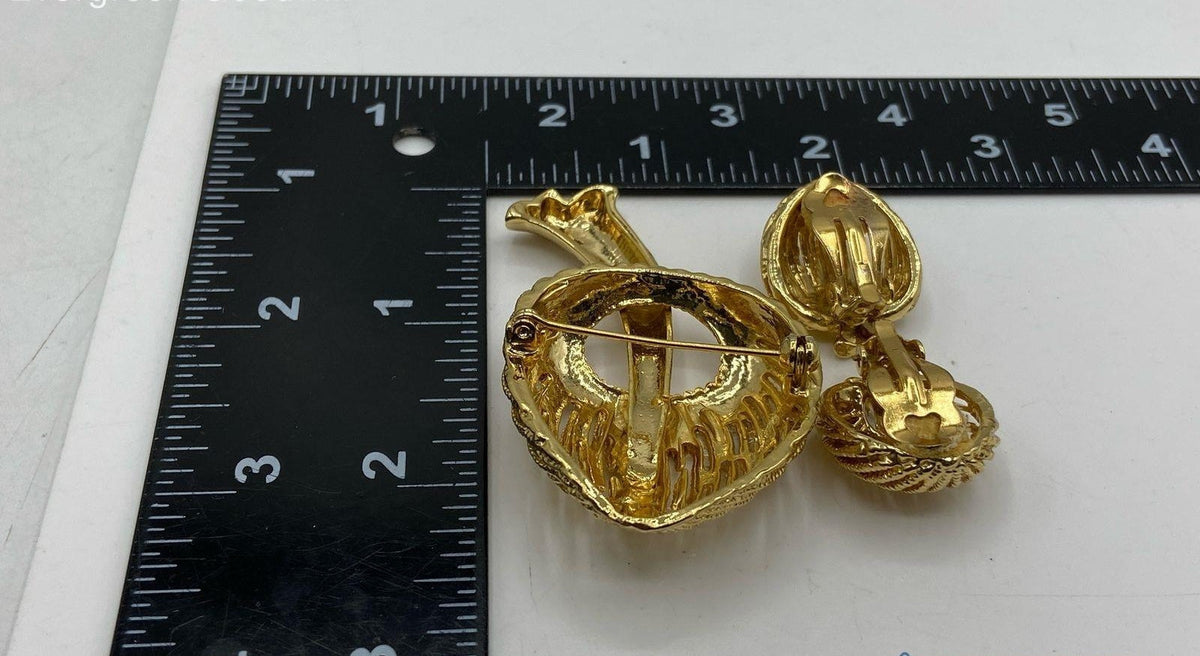 Gold-tone textured morel mushroom brooch and matching clip-on earrings, view 2