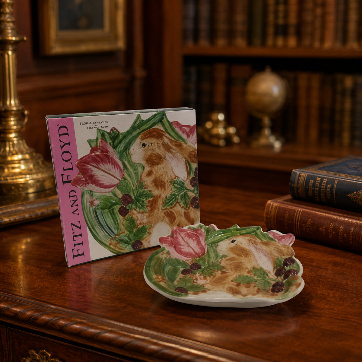 Small canape plate with rabbit, blooming flowers and blackberry vines, with original box, view 2