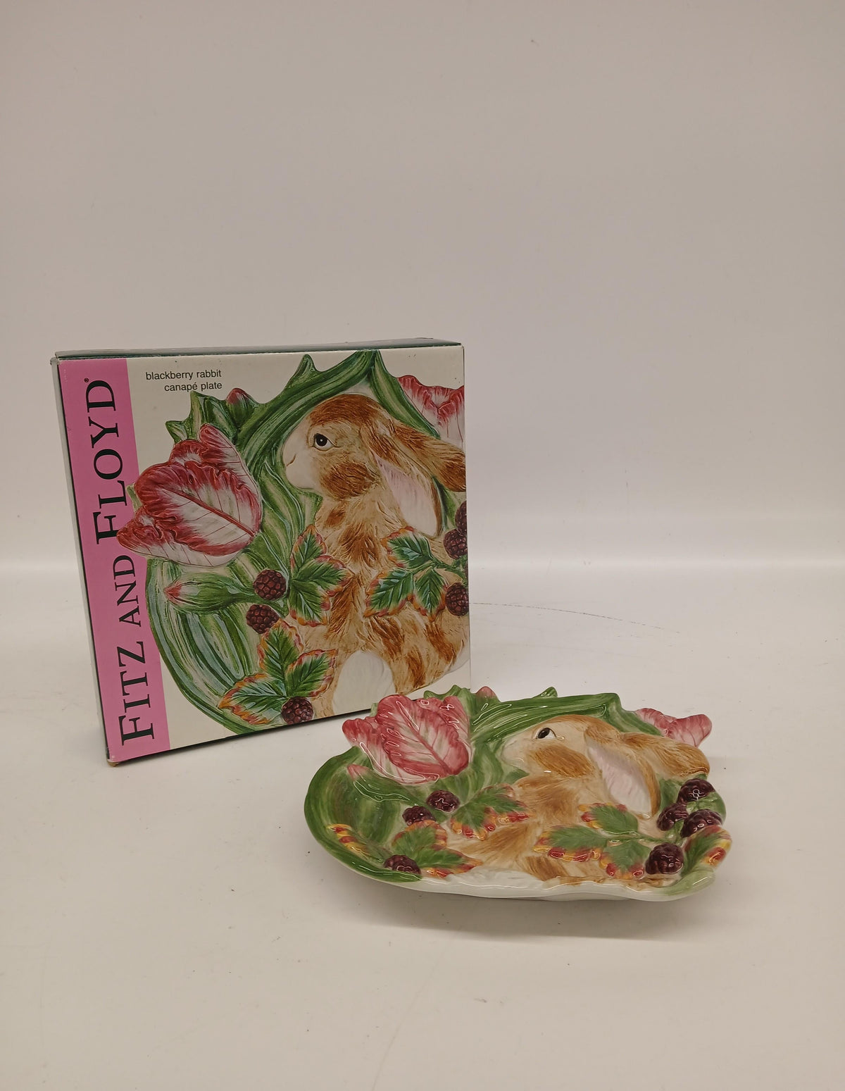 Fitz and Floyd Blackberry Rabbit Canapé Plate in Original Box | Spring Bunny Appetizer Dessert Plate