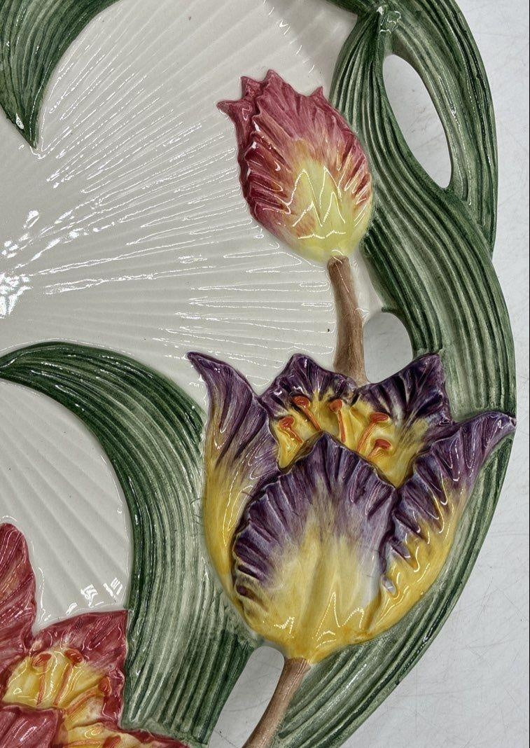 Fitz and Floyd oval ceramic serving platter with colorful tulips and green botanical detail, view 2