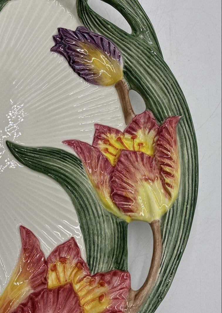 Fitz and Floyd oval ceramic serving platter with colorful tulips and green botanical detail, view 4