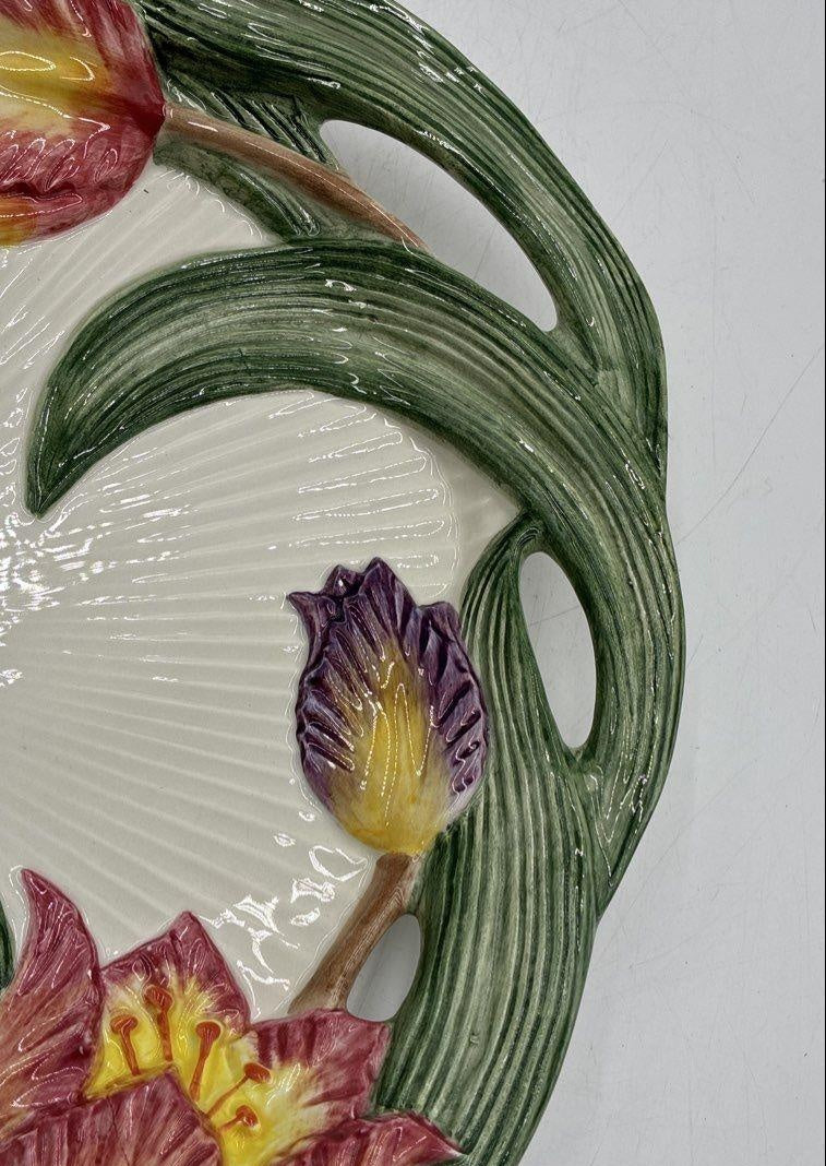 Fitz and Floyd oval ceramic serving platter with colorful tulips and green botanical detail, view 5