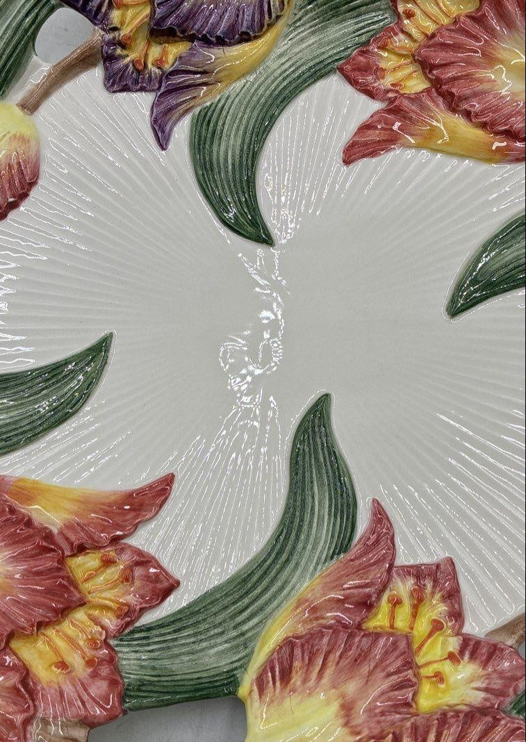 Fitz and Floyd oval ceramic serving platter with colorful tulips and green botanical detail, view 6