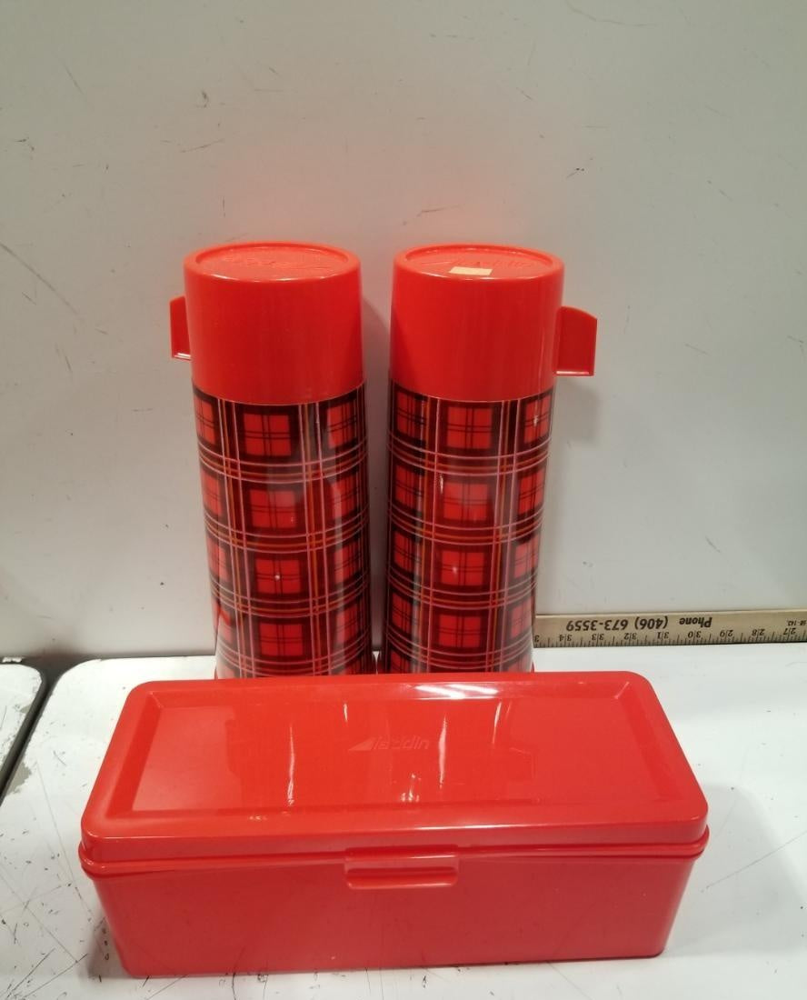 Ala-diner Outing Kit with red plaid handled carrier, red food box and bottle pieces in original box, view 3