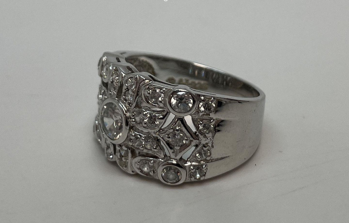 Silver-tone chunky ring with cubic zirconia accents, view 3