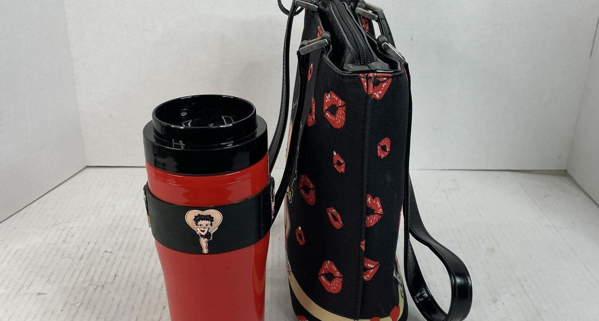 Red and black Betty Boop lip print shoulder bag with matching thermos-style bottle, view 3