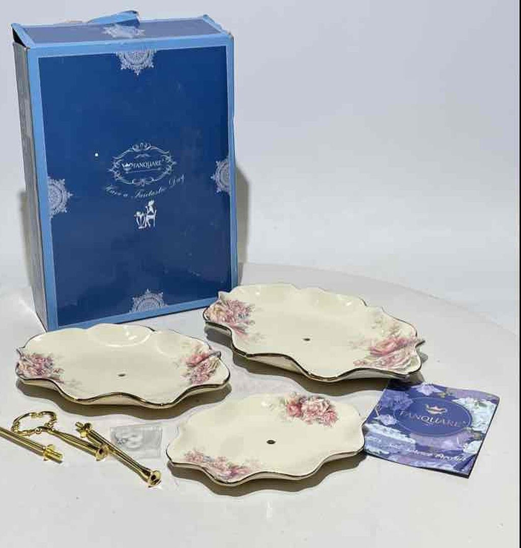 Fanquare 3 Tier Porcelain Serving Stand Floral Plates with Gold Hardware