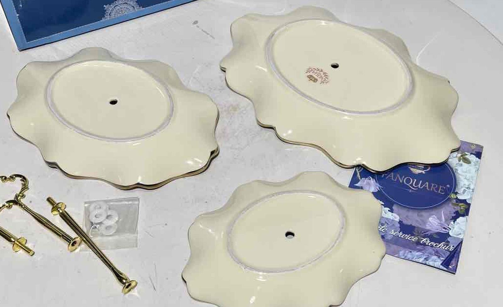 Fanquare 3 Tier Porcelain Serving Stand Floral Plates with Gold Hardware