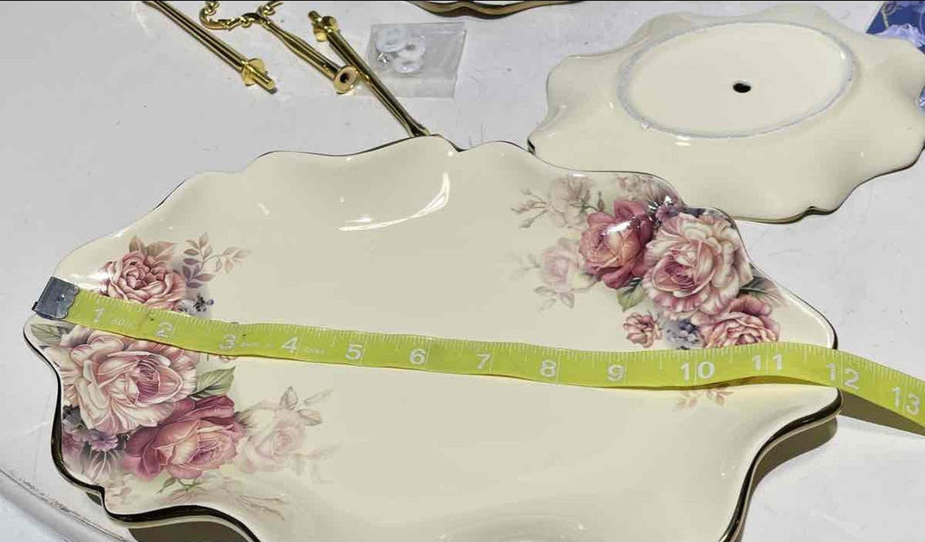 Fanquare 3 Tier Porcelain Serving Stand Floral Plates with Gold Hardware