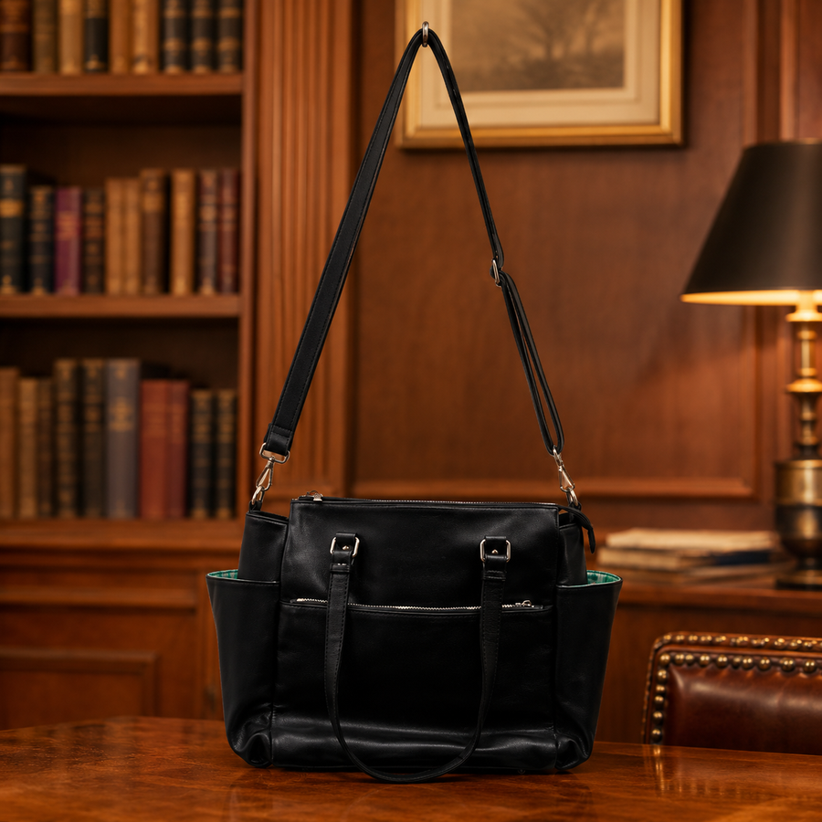 Black vegan leather structured tote bag