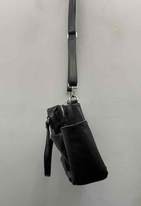 Black vegan leather structured tote bag, view 2