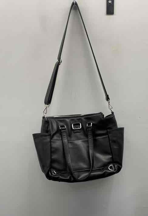 Black vegan leather structured tote bag, view 3