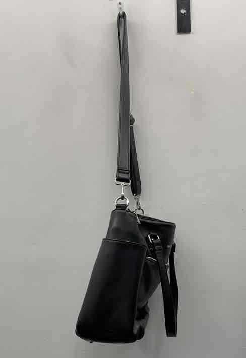 Black vegan leather structured tote bag, view 4