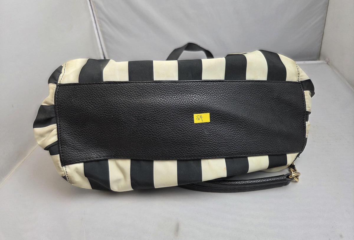 Black and white striped tote with black trim and gold-tone accents, view 3