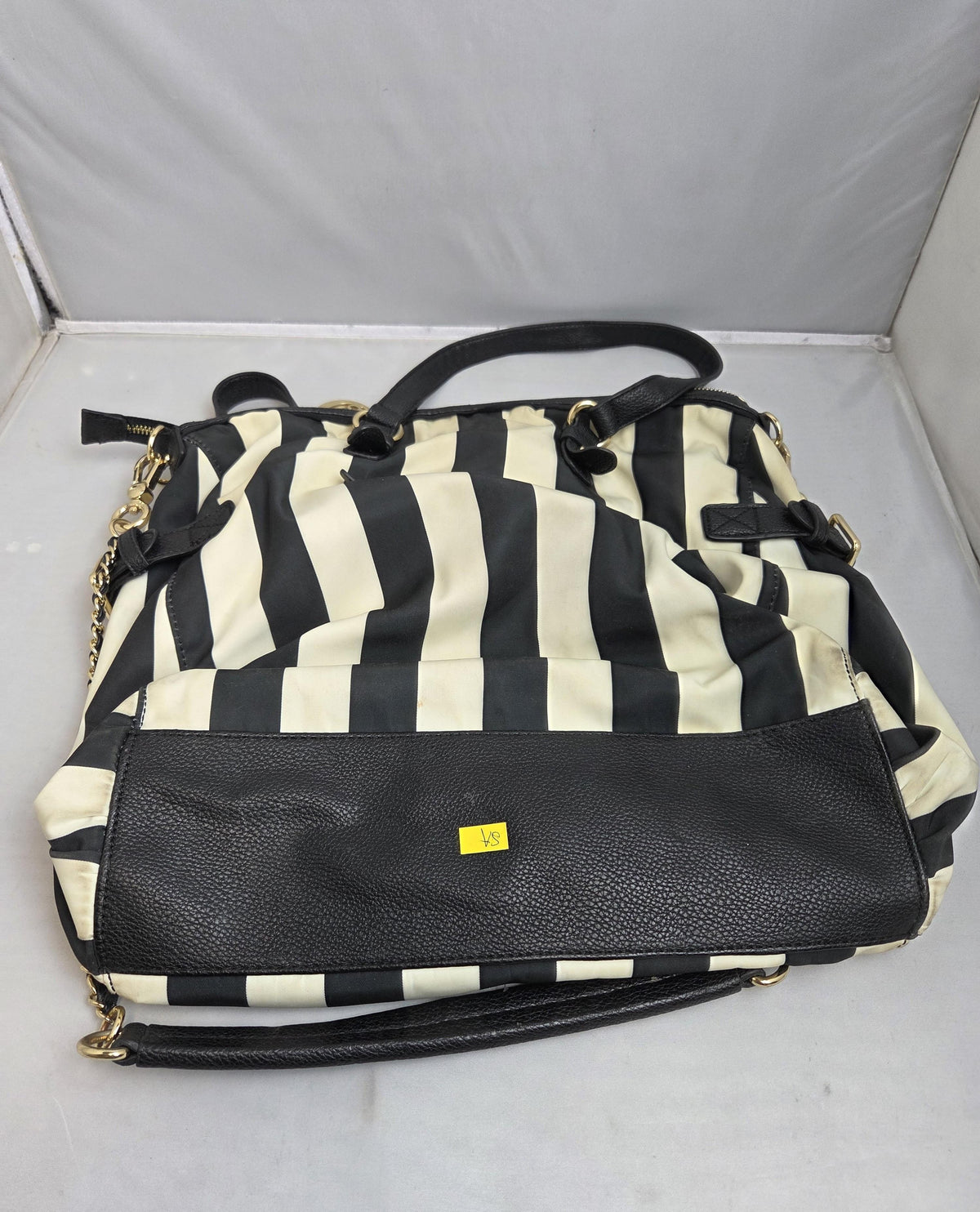 Black and White Striped Tote Bag with Gold Accents