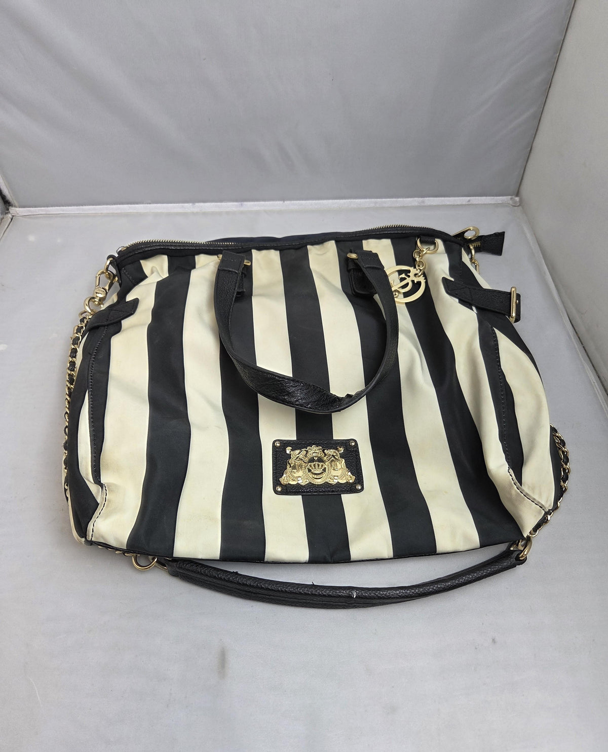 Black and white striped tote with black trim and gold-tone accents, view 6