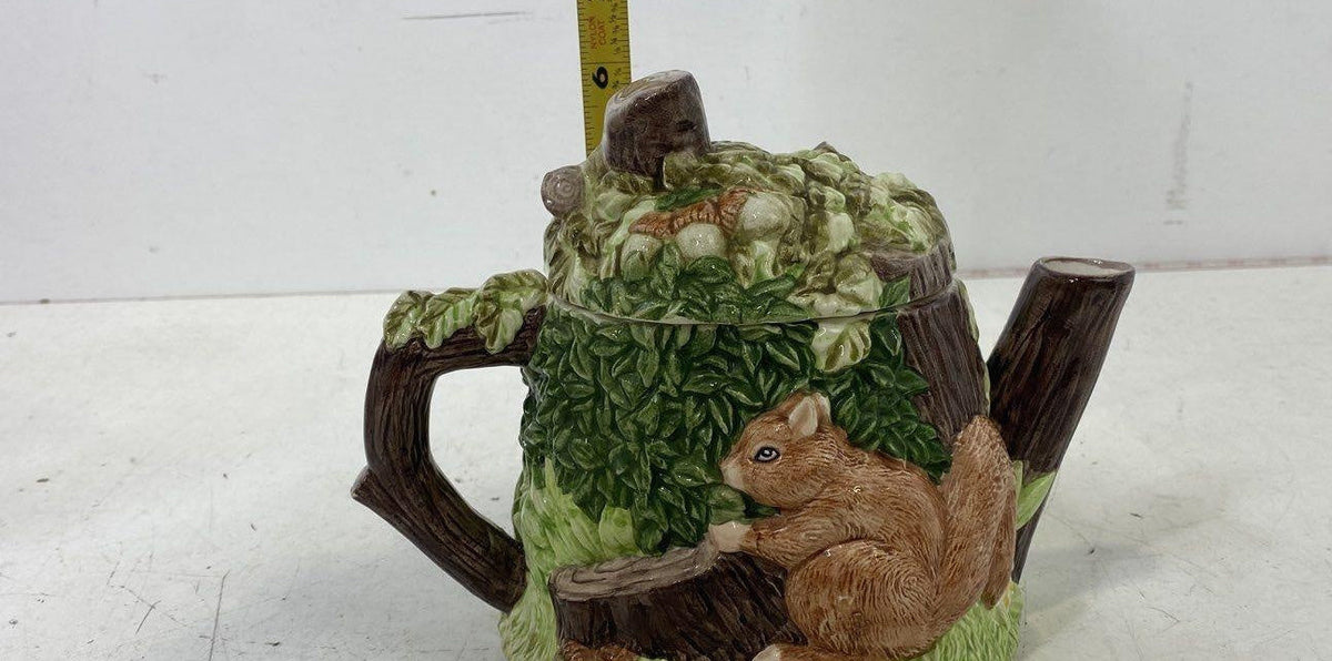Ceramic teapot with woodland scene of trees and squirrels, view 5