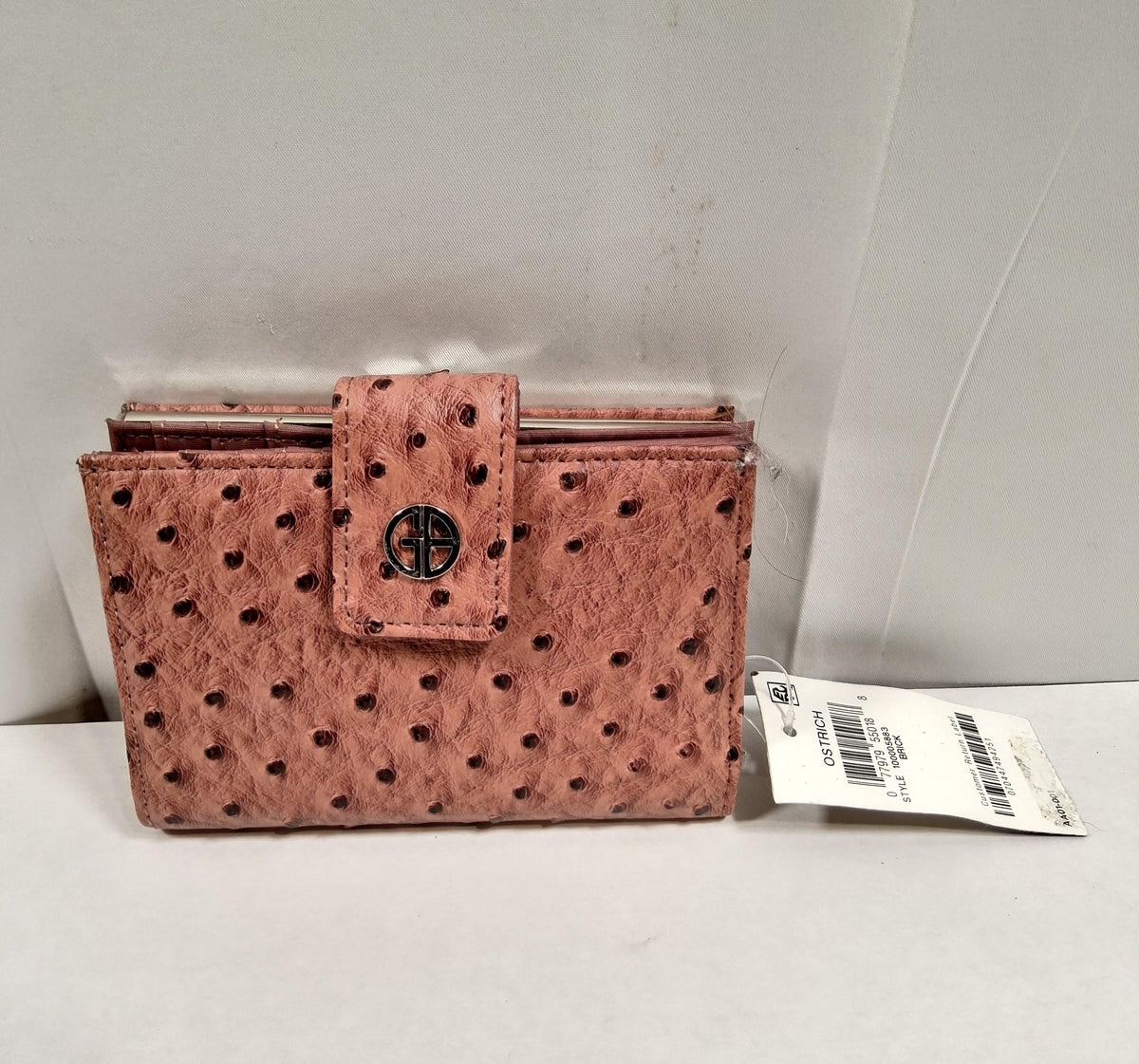 Giani Bernini brick red faux ostrich wallet with snap tab and retail tag, view 3
